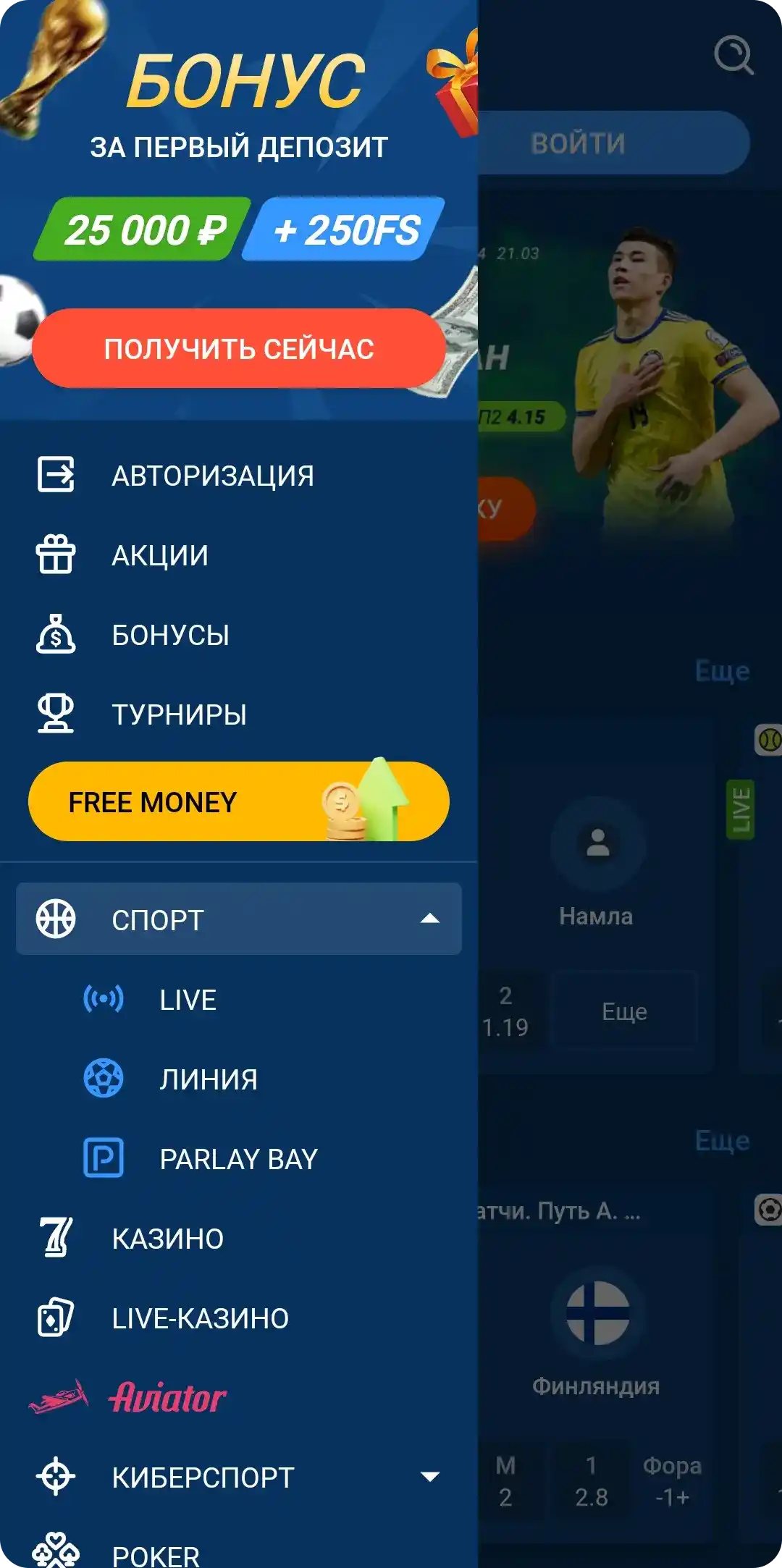 Меню в приложении Mostbet